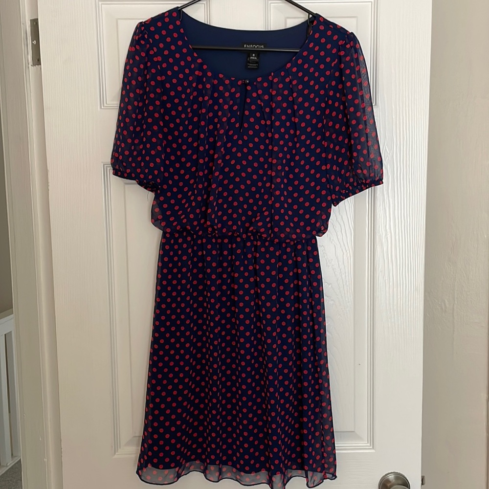 Navy and red polka dot dress
